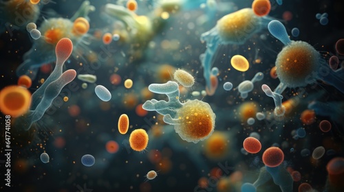 Background with mixed bacteria colonies, virus, fungi or microbes. Growing cultures of microorganisms,. Biology, science, medicine concept © eireenz