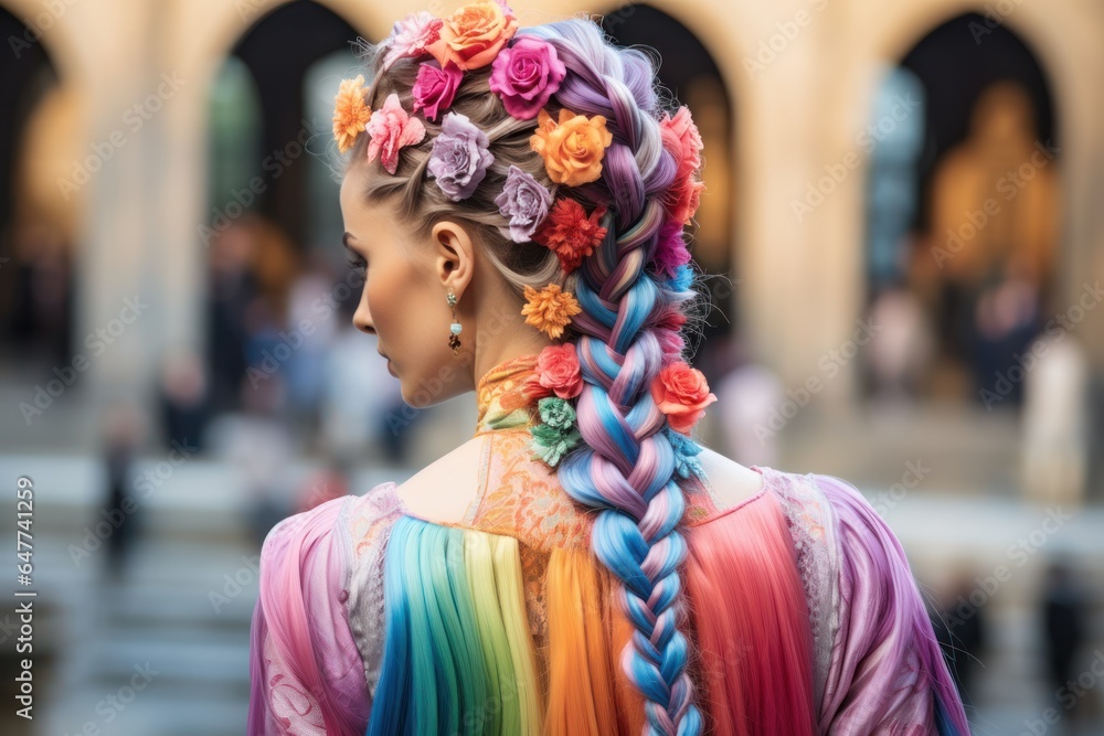Woman with Colorful Hair and Flower Accents