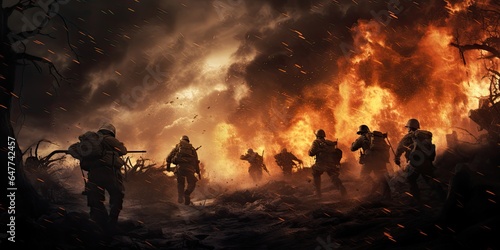 Soldiers running across the battlefield. Explosions in the background. © Simon