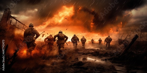 Soldiers running across the battlefield. Explosions in the background.