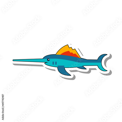 Swordfish Marlin with sharp long nose flat paper sticker. Predatory dangerous fish, inhabitant of sea depths and oceans isolated on white background. Nature, aquarium, animals and fish concept