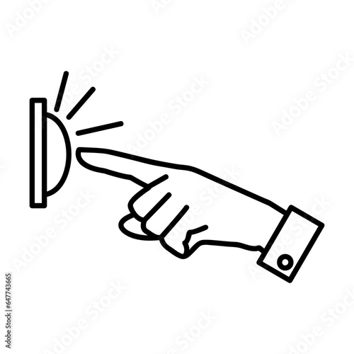 Simple outline of finger pressing alarm side view vector icon. Black line drawing or cartoon illustration of person pressing signal button on white background. Safety, warning concept
