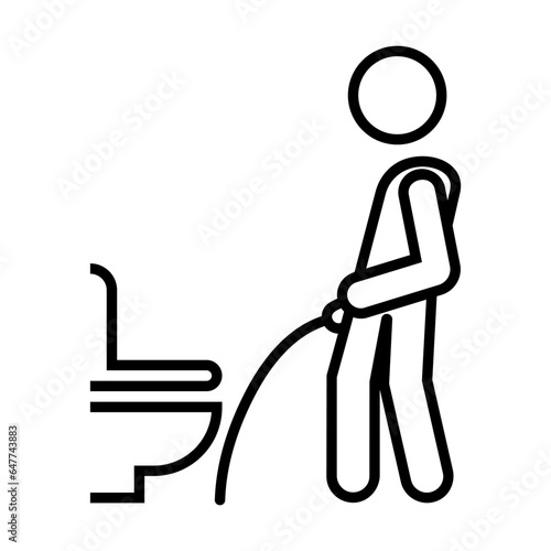 Simple outline of unmannered man pissing past toilet vector icon. Black line drawing or cartoon illustration of person peeing on floor on white background. Hygiene or sanitary, prohibition concept