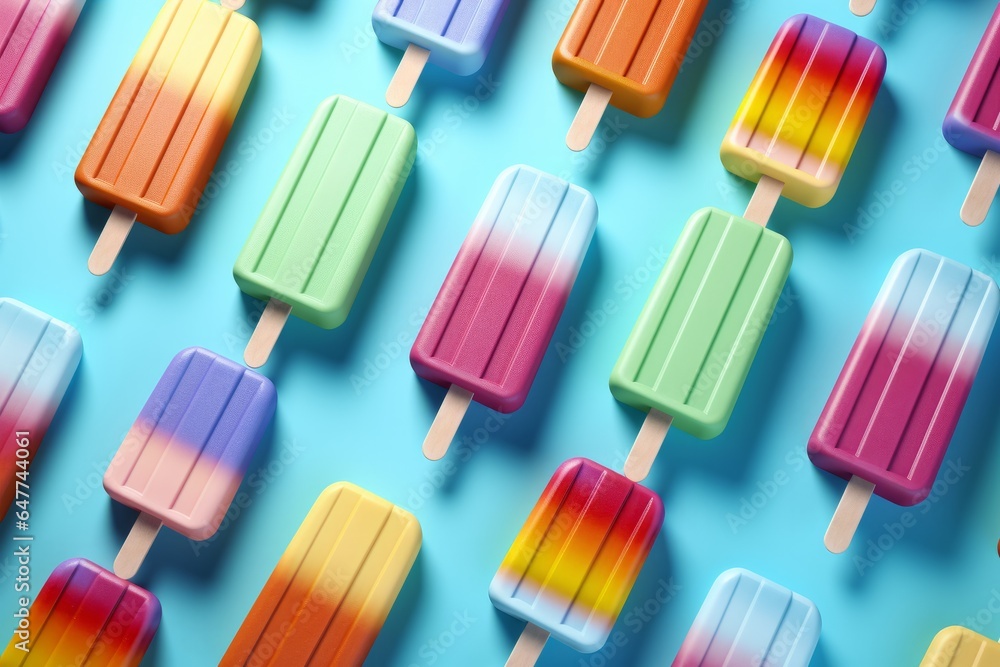 Illustration of a vibrant display of colourful popsicles on a vivid blue background created with Generative AI technology Illustration of a vibrant display of colourful popsicles on a vivid blue background created with Generative AI technology