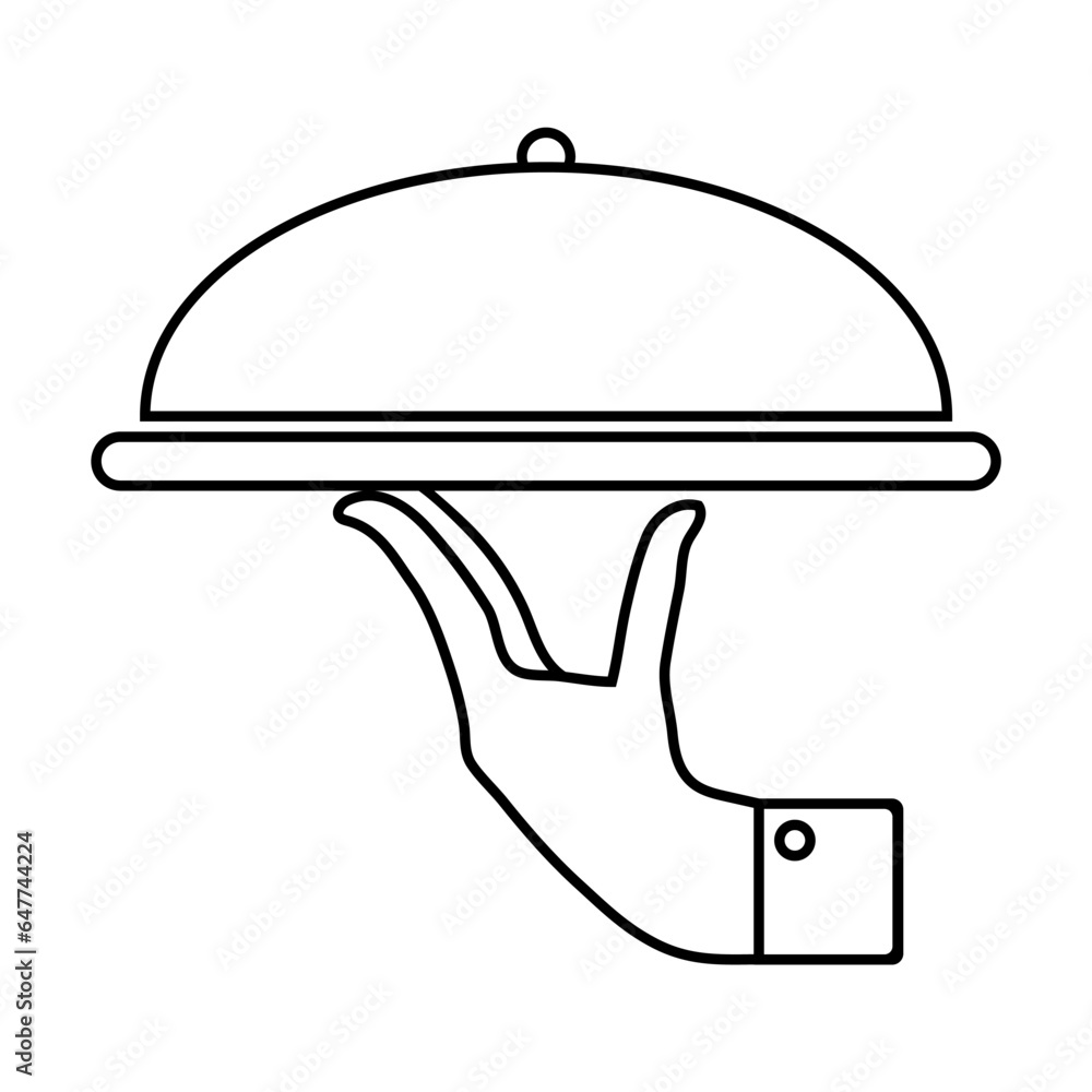 Simple outline of hand of waiter with serving tray vector icon. Black line drawing or cartoon illustration of silver tray with lid on white background. Food, service, luxury concept Simple outline of hand of waiter with serving tray vector icon. Black line drawing or cartoon illustration of silver tray with lid on white background. Food, service, luxury concept