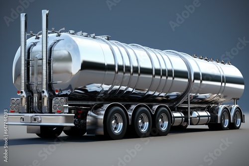 Polished metal truck with tanker trailer seen from various angles, in 3D. Generative AI