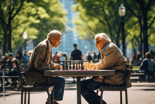 two old man playing a game of chess in a public park, chess, public checker board, game of chess