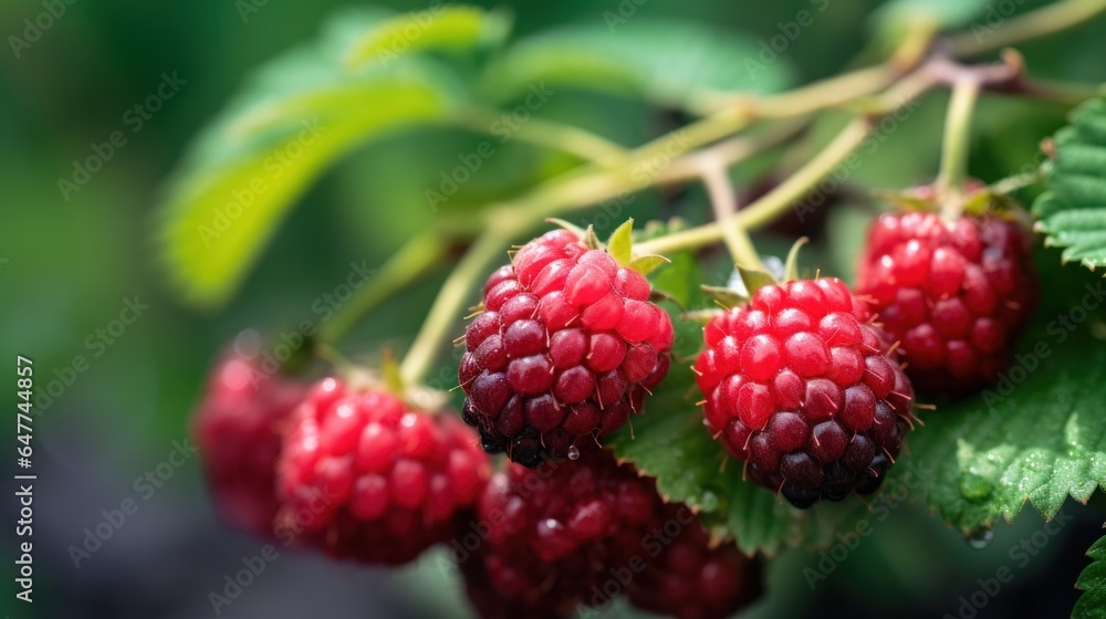 Close up branch of ripe raspberries with green leaves. Close up branch of ripe raspberries with green leaves.