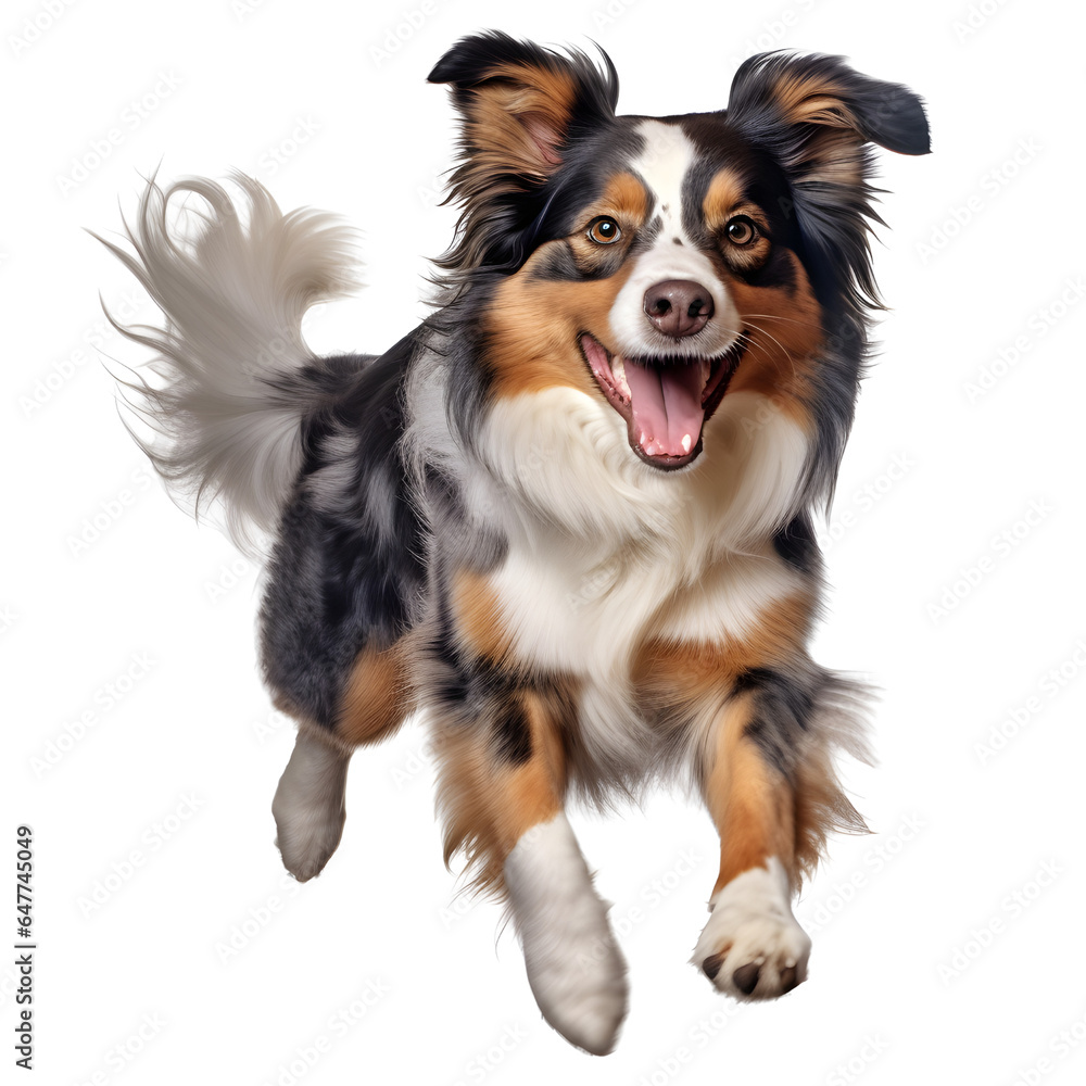 A happy and smiling jumping dog in the air on a transparent background.