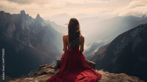 Hipster girl sitting in rocky of mountain