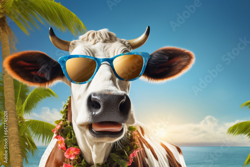A holiday cool cow is smiling sunglasses with a colorful background ; a vacation background or banner