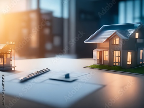 a concept holo 3d render model of a small living house on a table in a real estate agency. signing mortgage contract document and demonstrating. futuristic business. blurry background. Generative AI photo