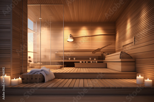 clean wooden sauna, wellness sauna, hot sauna, healthy wellness © MrJeans
