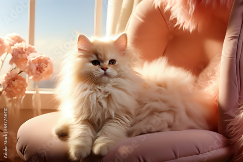 fluffy long-haired cat in a soft cozy chair with pink fur, the cat is resting on a luxurious fur cat bed