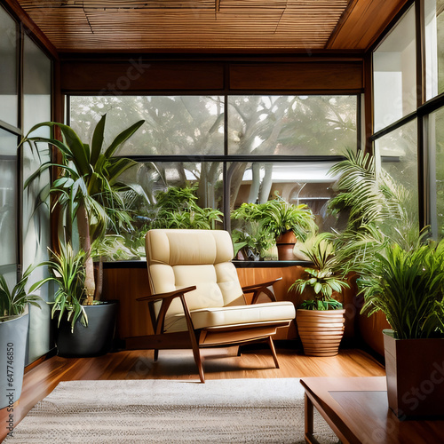 Chair with green plants in background. Interior Design Concept illustration photo