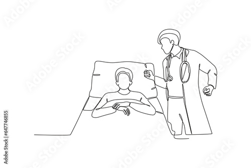 A doctor and patient in the ICU. Intensive care unit one-line drawing