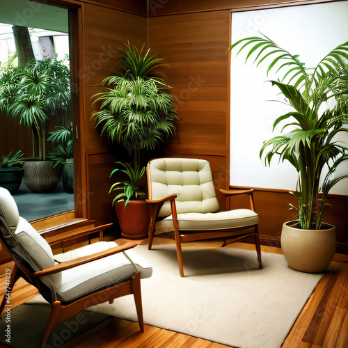Chair with green plants in background. Interior Design Concept illustration