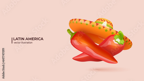 3D Concept of Latin America. Realistic 3d design of Mexican sombrero hat, red chilli pepper in cartoon minimal style. Vector illustration
