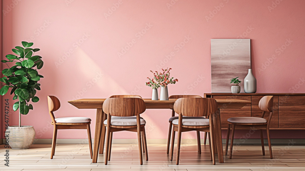 Dining table with chairs against the pink wall. Art deco interior design of modern dining room. Generative AI Dining table with chairs against the pink wall. Art deco interior design of modern dining room. Generative AI