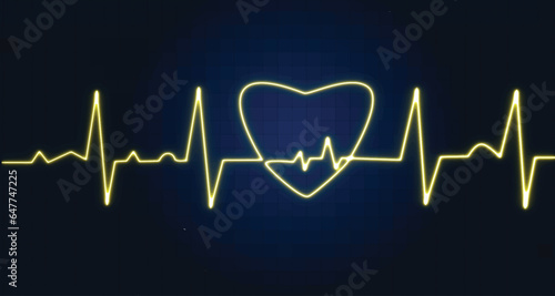 Yellow neon heartbeat with love shaped isolated on blue grid background. Medical concept and ecg pulse line graph