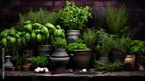 Discover the elegance of a culinary herb garden, carefully curated and artistically captured in this image. Each herb, from basil to thyme, is showcased with impeccable detail, offering a feast for bo