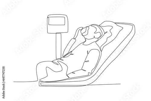 A patient wears an oxygen hose. Intensive care unit one-line drawing