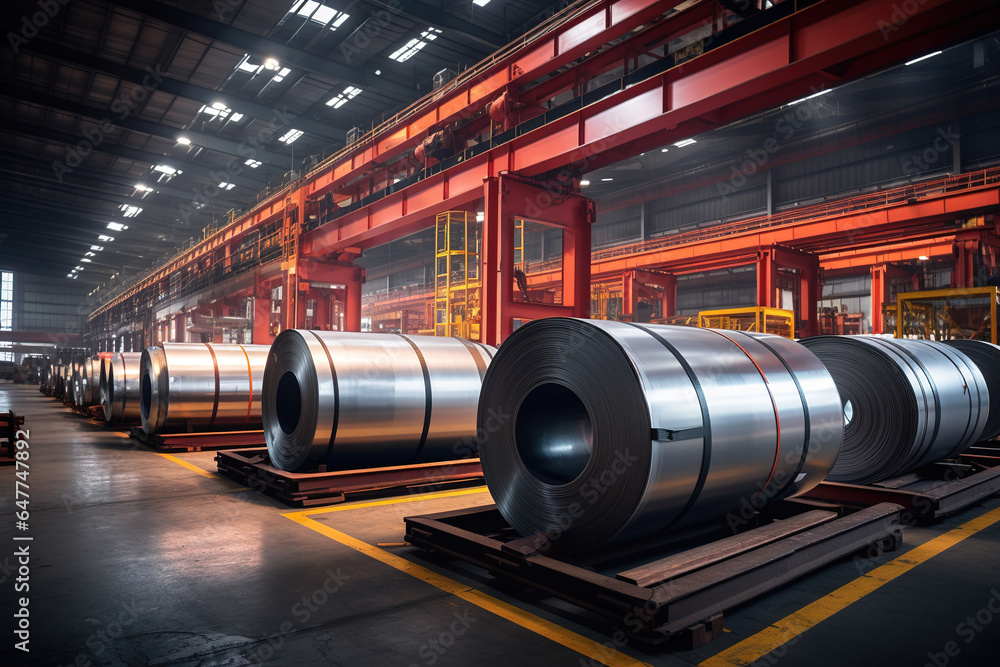 Rolls of galvanized steel or stainless sheet inside the factory or warehouse Rolls of galvanized steel or stainless sheet inside the factory or warehouse