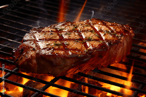 Tasty Steak on a Grill with rosamry, grill steaks, meat, food, fire, wood grill