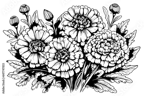 sketch bouquet Calendula vector drawing. Isolated medical flower and leaves. Herbal engraved style illustration.