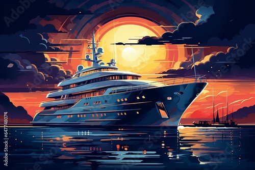 nighttime illustration of luxury yacht. Generative AI