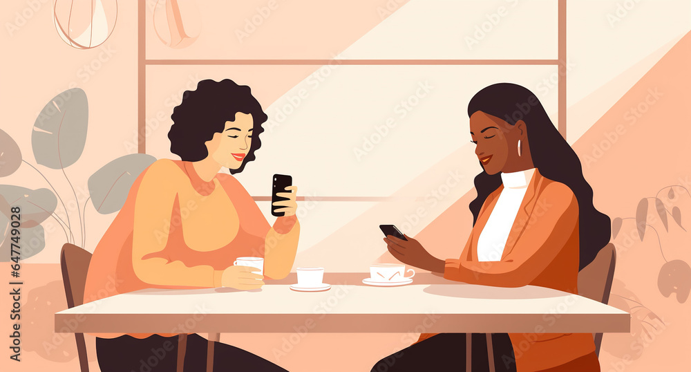 Fototapeta premium two women drinking coffee in cafe and using their smartphones. concept of modern day communication
