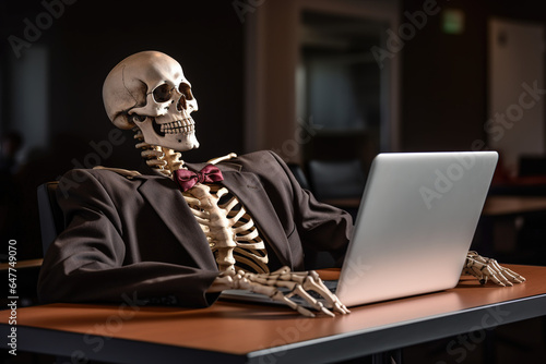 skeleton in a suit in front of the laptop, concept of overworking and being bored to death