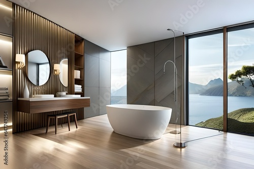 Modern bathroom interior with  woden decor in eco style.