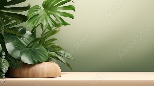 Minimal podium and green leaf on Mystic Palette color background.