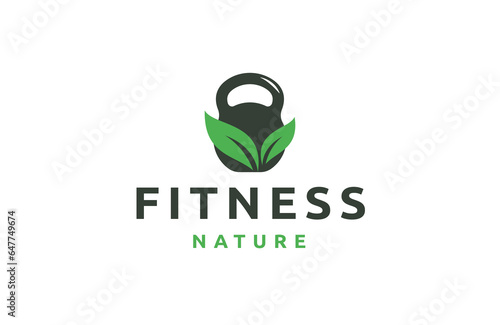 Nature fitness logo with combination of kettlebell and leaf template