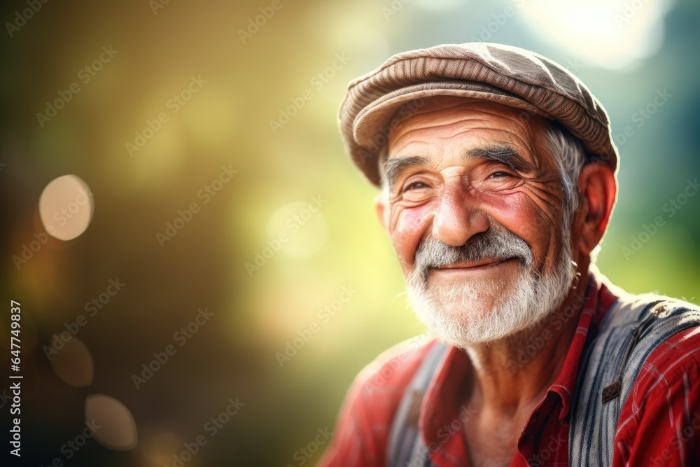 Happy elderly farmer face portrait, blurred field background. Smiling senior farmer concept, generated by AI Happy elderly farmer face portrait, blurred field background. Smiling senior farmer concept, generated by AI