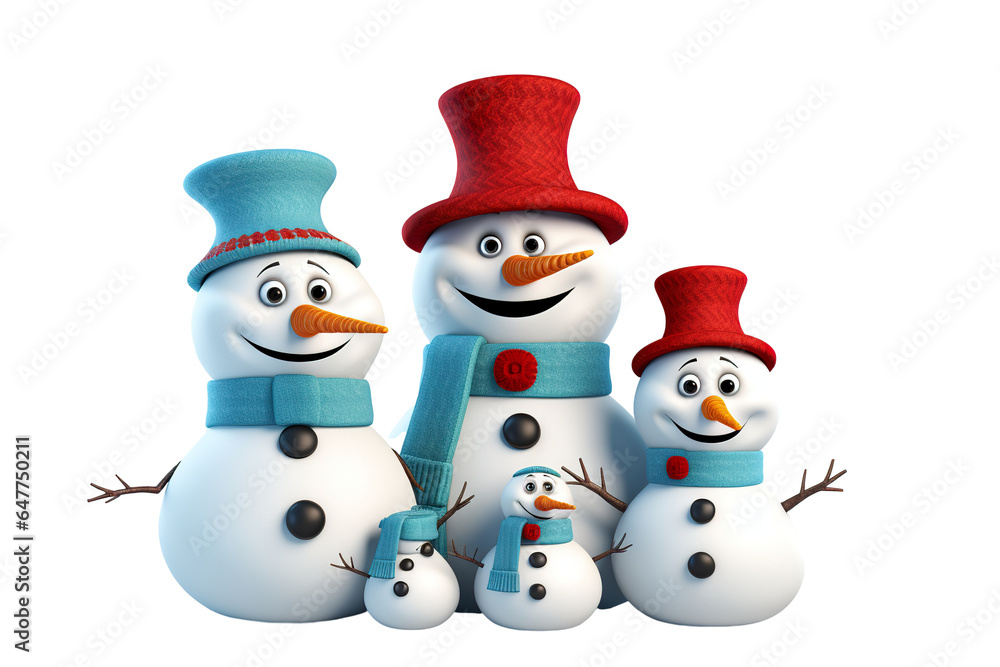 3d cartoon Snowman family in funny style isolated PNG