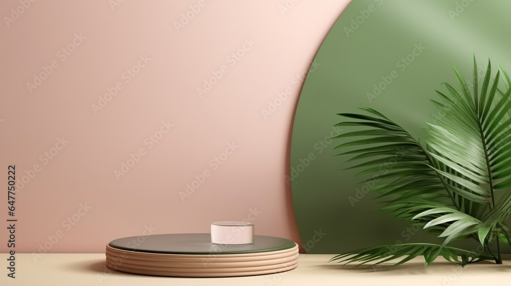 Minimal podium and green leaf on Mystic Palette color background. Minimal podium and green leaf on Mystic Palette color background.