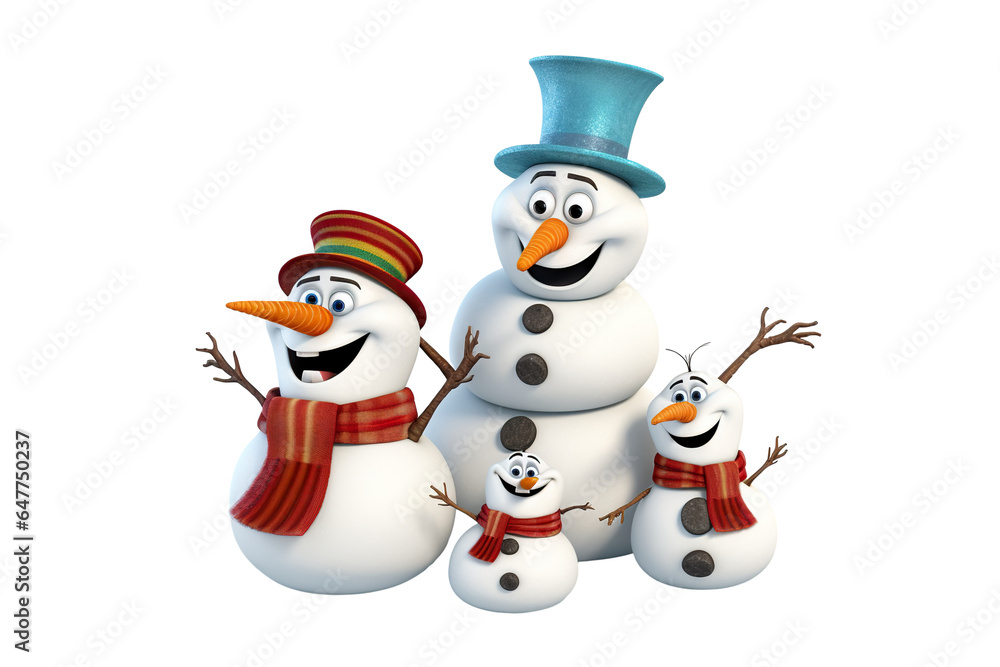 3d cartoon Snowman family in funny style isolated PNG