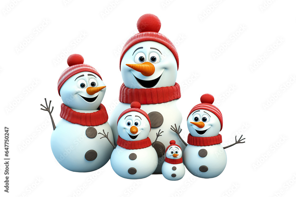 3d cartoon Snowman family in funny style isolated PNG