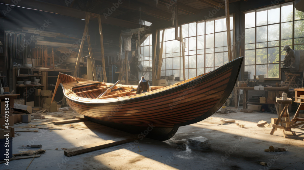 Craftsmanship at its Finest: A Sturdy Wooden Boat Undergoes Meticulous Work and Refinement, Nestled within the Expanse of a Warehouse Workshop Setting.