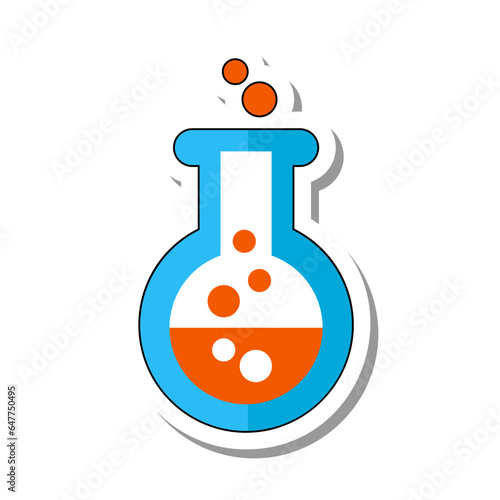 Round spherical flask for experiment flat paper sticker. Test tube with boiling chemical reagent for analyzes and research isolated on white background. Laboratory equipment, science concept