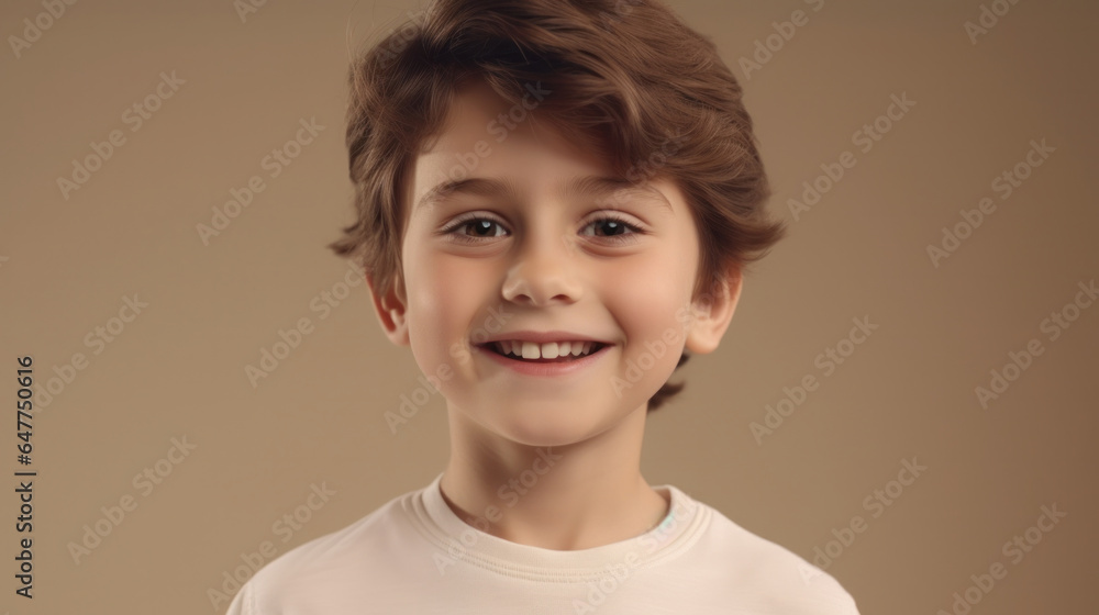Radiant Glimpse: Engaging Portrait of a Cheerful Young European Boy with Lustrous Brown Hair, Dressed in Neutral Tones, Beaming Warmly on a Beige Studio Backdrop. Radiant Glimpse: Engaging Portrait of a Cheerful Young European Boy with Lustrous Brown Hair, Dressed in Neutral Tones, Beaming Warmly on a Beige Studio Backdrop.