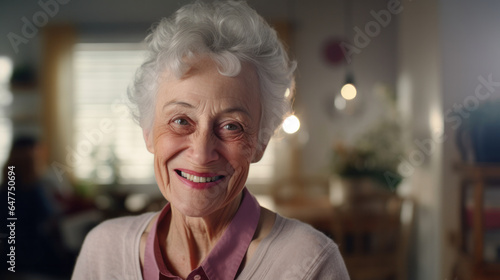 Radiant Senior Moments: A Heartwarming Portrait Captures the Joyful Smile of a Contented Caucasian Woman Residing in the Comfort of a Nursing Home.