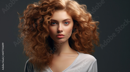 Stunning Portrait of a Young, Attractive Woman Boasting Lush Curly Red Hair, Captured in Perfect Detail, Isolated Against a Neutral Grey Background with Gorgeous Hair Curls.