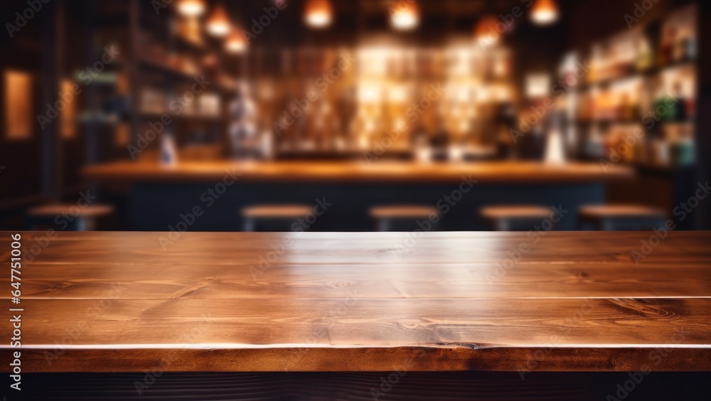 Wooden empty table in front, blurred bar background. Bar counter wood