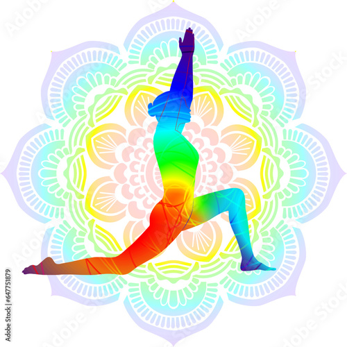 Colorful silhouette Anjaneyasana. Crescent Lunge on the Knee pose. Low Lunge pose. Standing and Balancing. Isolated vector illustration. Mandala background.