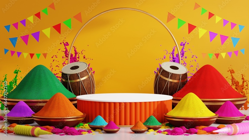3d rendering illustration for podium holi festival of colors  colorful gulaal (powder color), gulal shooter gun, indian festival for happy holi background.