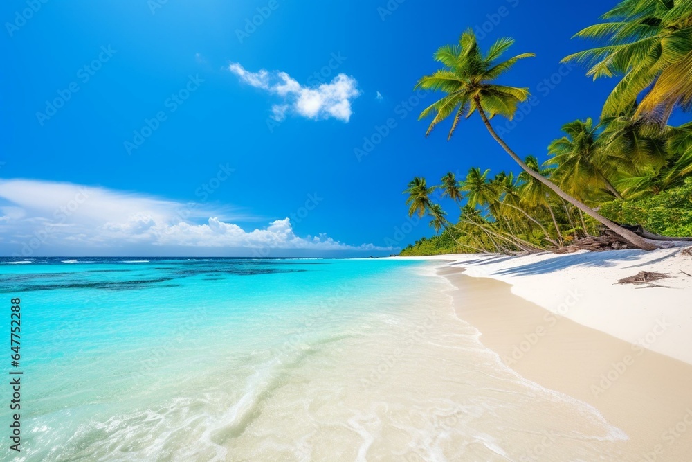 Idyllic tropical beach with white sand, clear blue skies, turquoise water, serene ambiance: perfect for solo summer getaways. Generative AI