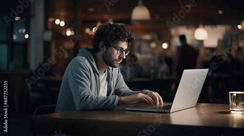 Young Male Student Working with Laptop in a Cafe. Low Light